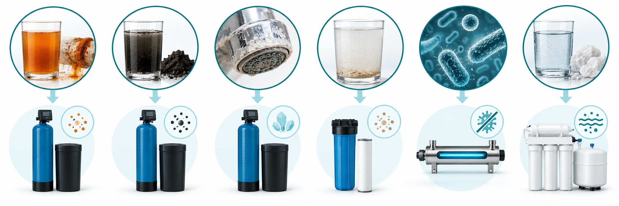 Exemples visuels de problèmes d'eau de forage et équipements de traitement